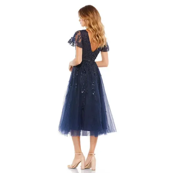 New Mac Duggal EMBELLISHED FLUTTER SLEEVE TEA-LENGTH DRESS In Midnight Sz 6 $598 - Picture 2 of 9